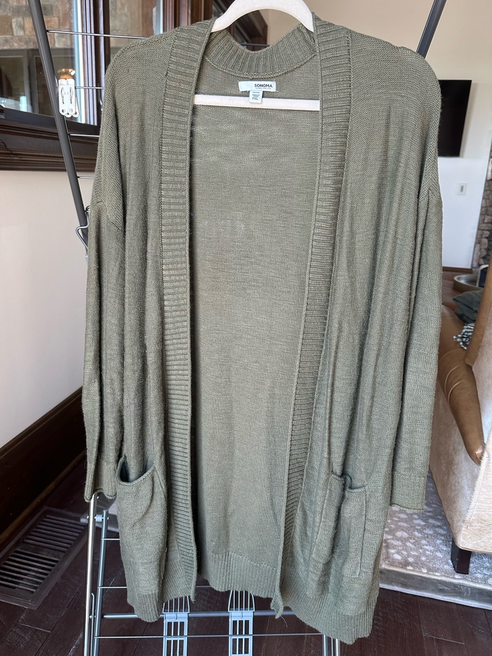 Sonoma Olive Open-Front Knit Cardigan with Pockets